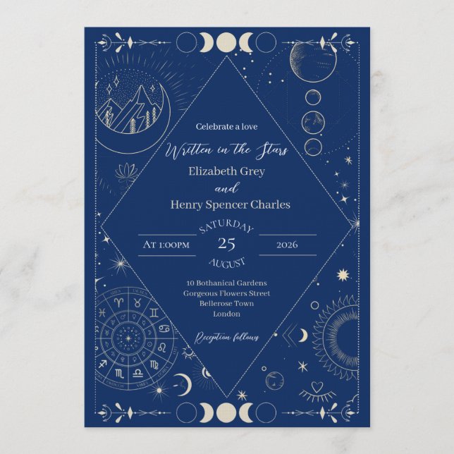 Convite Casamento lua sol estrelas constelações (Frente)