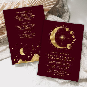 Convite Casamento Luar Celestial Borgonha Dourado