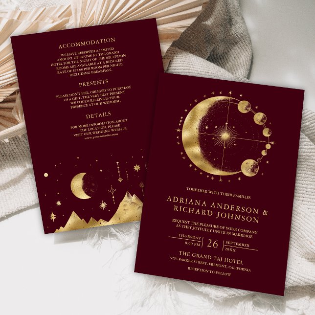 Convite Casamento Luar Celestial Borgonha Dourado (Criador carregado)