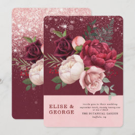 Convite Casamento Luminoso de Luxo Burgundy Blush Pink Peo