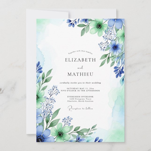 Convite Casamento Luminoso de Primavera Azul Centáurea (Frente)