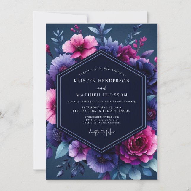 Convite Casamento Luminoso Magenta Marinho (Frente)