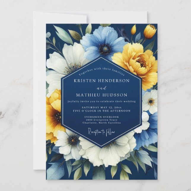Convite Casamento Luminoso Marigold Navy (Frente)