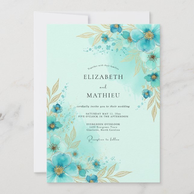 Convite Casamento Luminoso Teal à Beira-Mar (Frente)