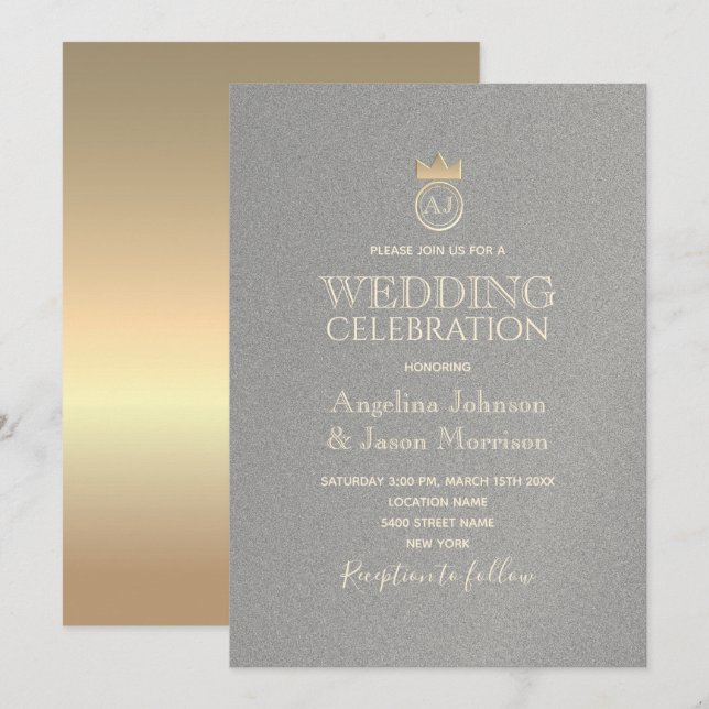 Convite Casamento Luxo Monograma Prata e Ouro (Frente/Verso)