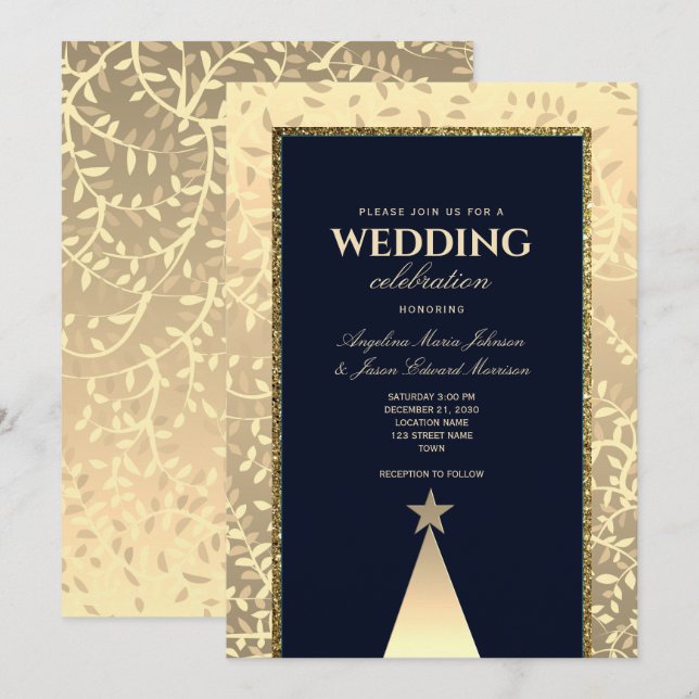 Convite Casamento Luxo Natal Ouro Azul Marinho (Frente/Verso)