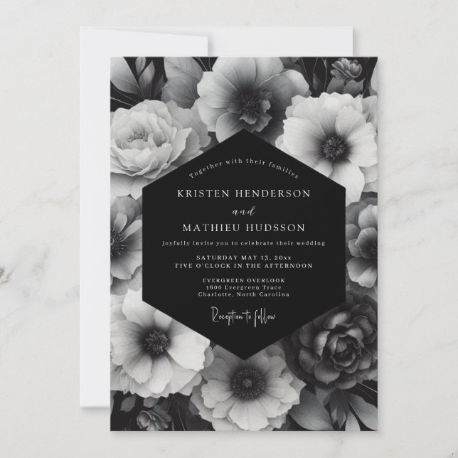 Convite Casamento Luxuoso Black Bloom (Frente)