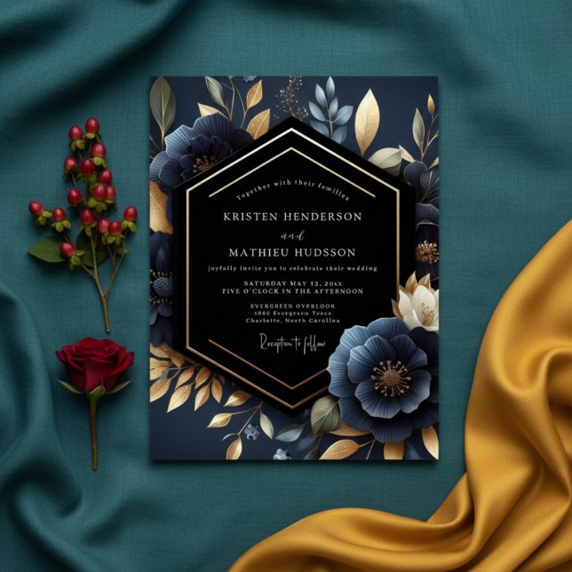 Convite Casamento Luxuoso com Floral Azul-Marinho Profundo (Criador carregado)