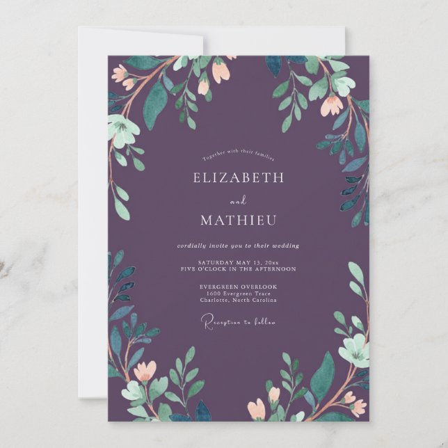 Convite Casamento Luxuoso com Folhas de Ameixa Profunda (Frente)