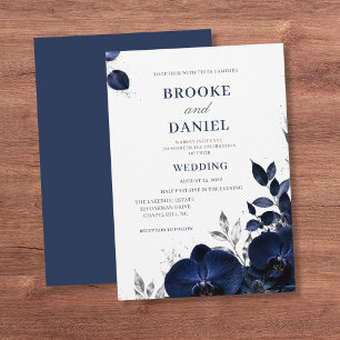 Convite Casamento Luxuoso com Orquídea Navy e Brilho Prate