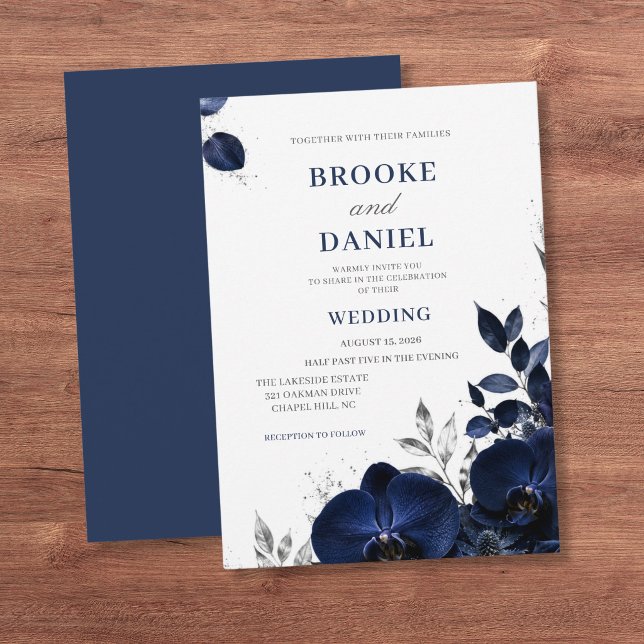 Convite Casamento Luxuoso com Orquídea Navy e Brilho Prate (Criador carregado)