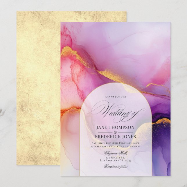 Convite Casamento Luxuoso com Tinta Flutuante Roxa e Doura (Frente/Verso)