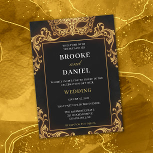 Convite Casamento Luxuoso de Mascarada Preto e Dourado