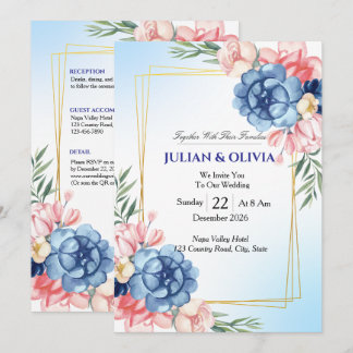 Convite Casamento Luxuoso em Azul Poeirento e Rosa Bege