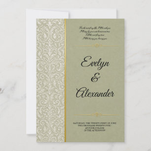 Convite Casamento Luxuoso em Verde Sage Damasco Dourado