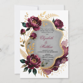 Convite Casamento Luxuoso Floral Burgundy Dourado