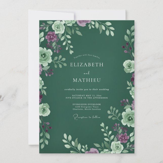 Convite Casamento Luxuoso Floresta com Folhas de Ameixa (Frente)