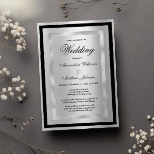 Convite Casamento Luxuoso Glamour Prata Preto Elegante Chi