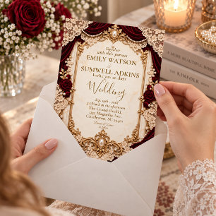 Convite Casamento Luxuoso Ouro com Renda Burgundy Vitorian