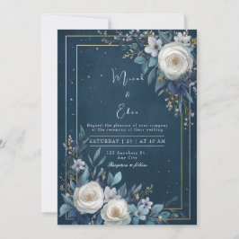 Convite Casamento Luxuoso Rosa Branca Dourado Azul Marinho