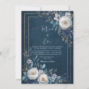 Convite Casamento Luxuoso Rosa Branca Dourado Azul Marinho