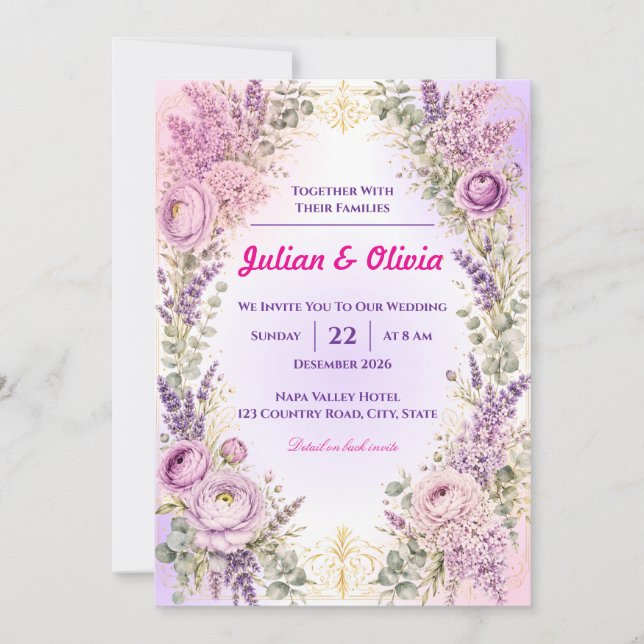 Convite Casamento Luxuoso Roxo Lavanda e Ranunculus  (Frente)
