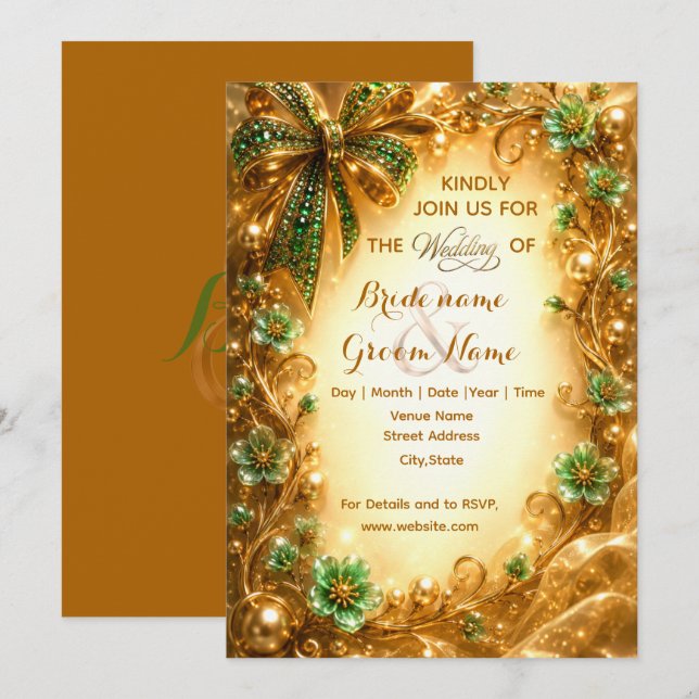 Convite Casamento Luxuoso Verde Esmeralda e Dourado (Frente/Verso)