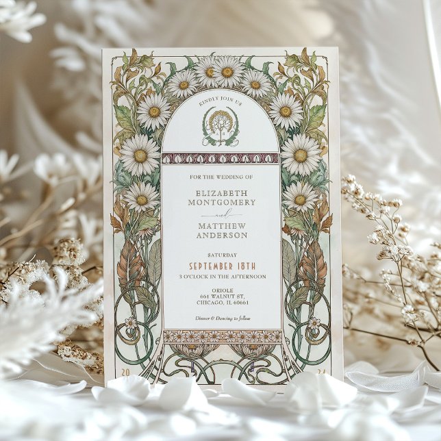 Convite Casamento Luxurioso Daisy Floral Art Nouveau (Criador carregado)
