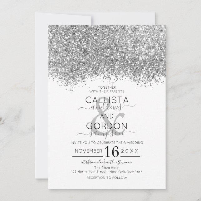 Convite Casamento Luxury Silver White Glitter Confetti (Frente)