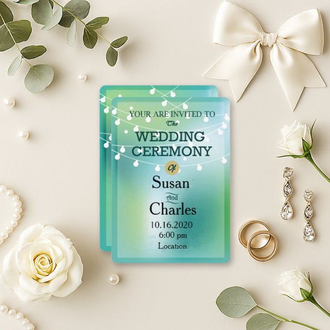 Convite Casamento Luz De Corda Azul Verde Festivo (Criador carregado)