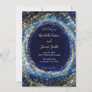 Convite Casamento Luzes Espelhadas Azul Oceano Dourado