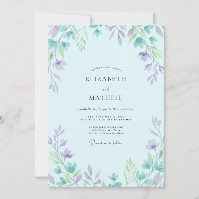 Convite Casamento Macio de Lilás e Periwinkle com Folhas (Frente)