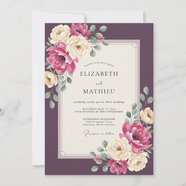 Convite Casamento Magenta Ameixa Ranunculus Cinza Eucalipt (Frente)