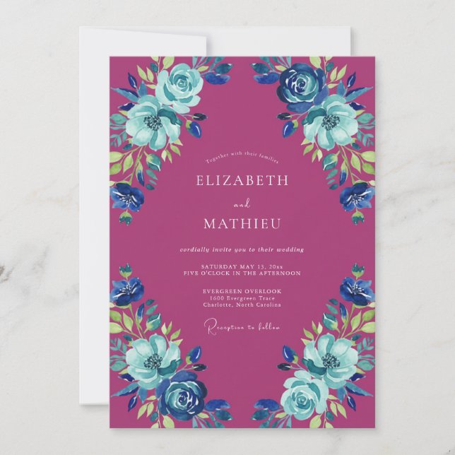 Convite Casamento Magenta Azure Ranunculus Eucalipto (Frente)