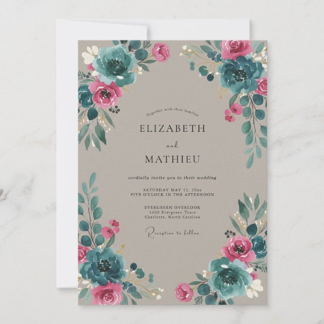 Convite Casamento Magenta Ciano Ranunculus Eucalipto (Frente)
