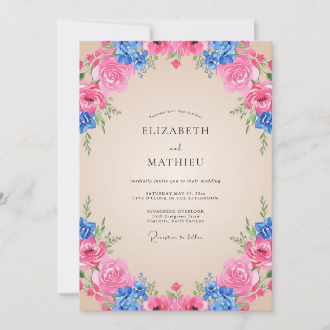 Convite Casamento Magenta Cobalto Ranunculus Eucalipto (Frente)