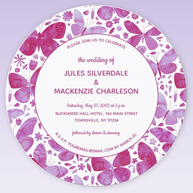 Convite Casamento Magenta Cor-de-rosa Magenta com Borbolet (Pink watercolor butterfly wedding invitation)