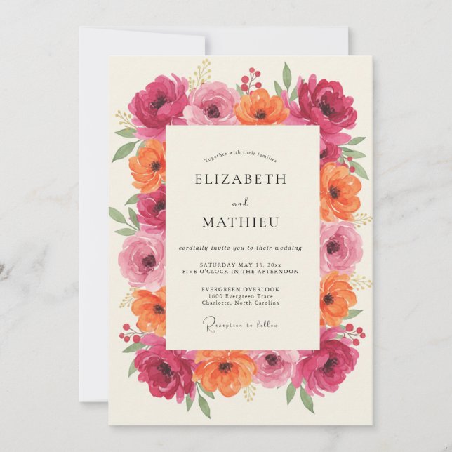 Convite Casamento Magenta Coral Ranunculus Eucalipto (Frente)