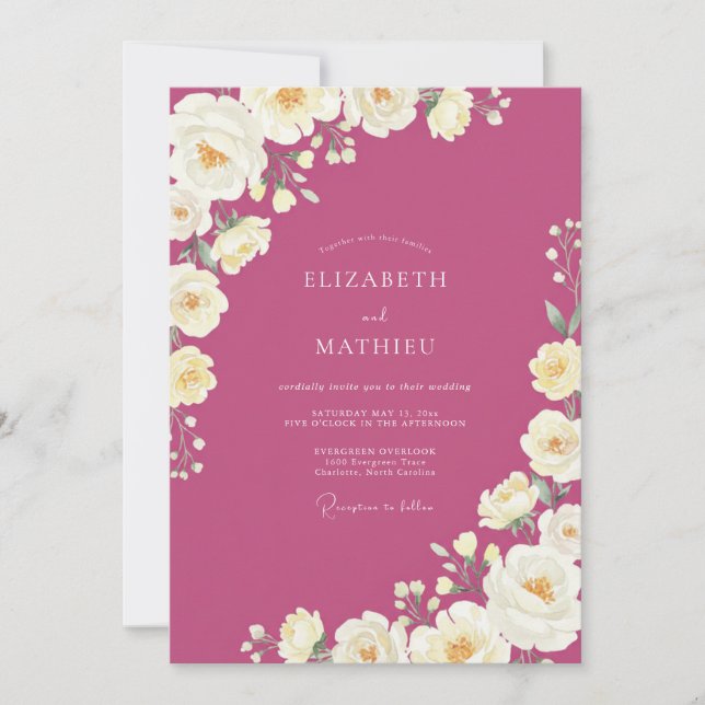 Convite Casamento Magenta Creme Ranunculus Eucalipto (Frente)