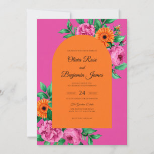 Convite Casamento Magenta Laranja Margarida Eucalipto