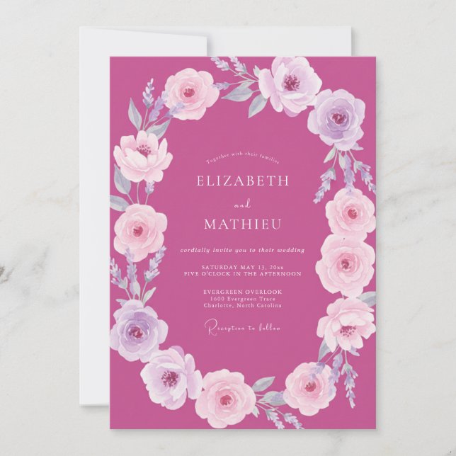 Convite Casamento Magenta Lavanda Ranunculus Eucalipto (Frente)