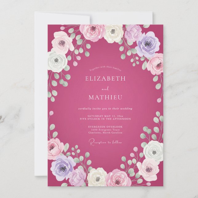 Convite Casamento Magenta Lilás Ranunculus Eucalipto (Frente)