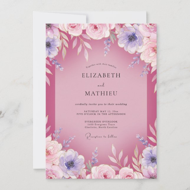Convite Casamento Magenta Mauve Ranunculus Eucalipto (Frente)
