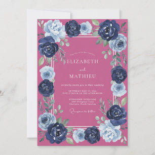 Convite Casamento Magenta Navy Ranunculus Eucalipto