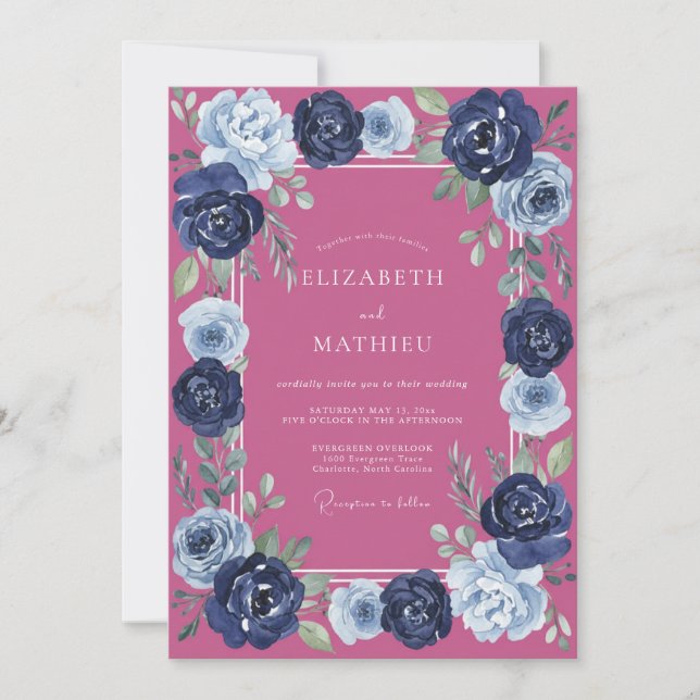 Convite Casamento Magenta Navy Ranunculus Eucalipto (Frente)