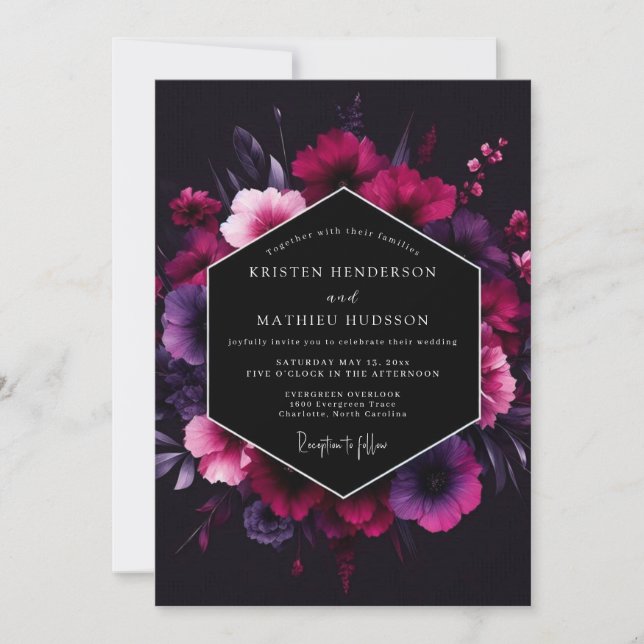 Convite Casamento Magenta Noir Bloom (Frente)