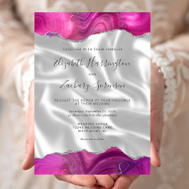 Convite Casamento Magenta Prata Ágata Branco Seda