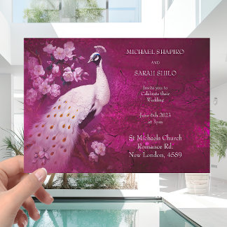 Convite Casamento Magenta Romântica Moderna e Pavão Branco