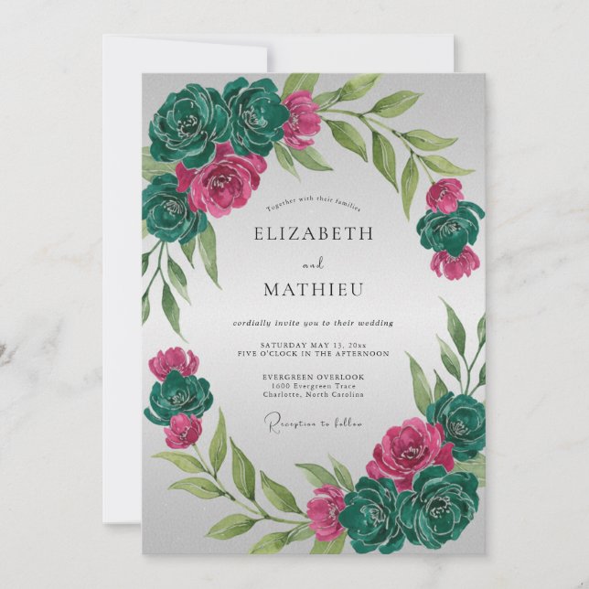 Convite Casamento Magenta Teal Ranunculus Eucalipto (Frente)