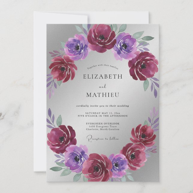Convite Casamento Magenta Violeta Ranunculus Eucalipto (Frente)